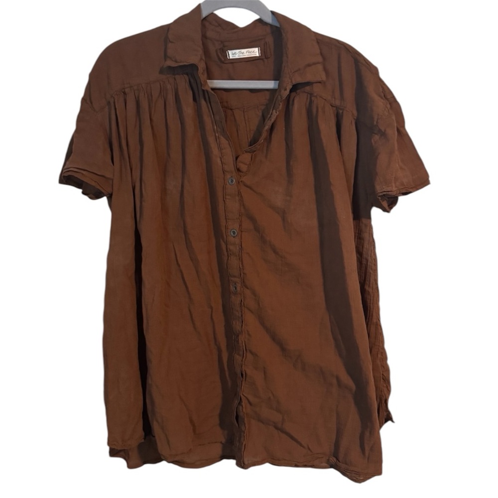 Free People Float Away Button Down Cotton Shirt Neutral Beachy Oversized Blouse - Picture 6 of 13